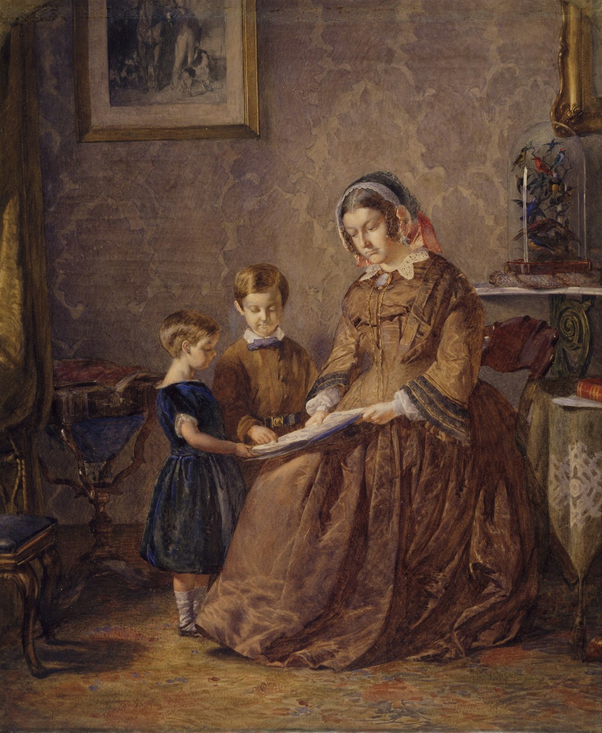 Examining artist signature and details on antique painting