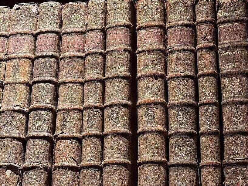 Rows of worn tooled leather spines with raised bands and gilt labels reading Erasmi Opera, Biblioteca Capitolare, Verona