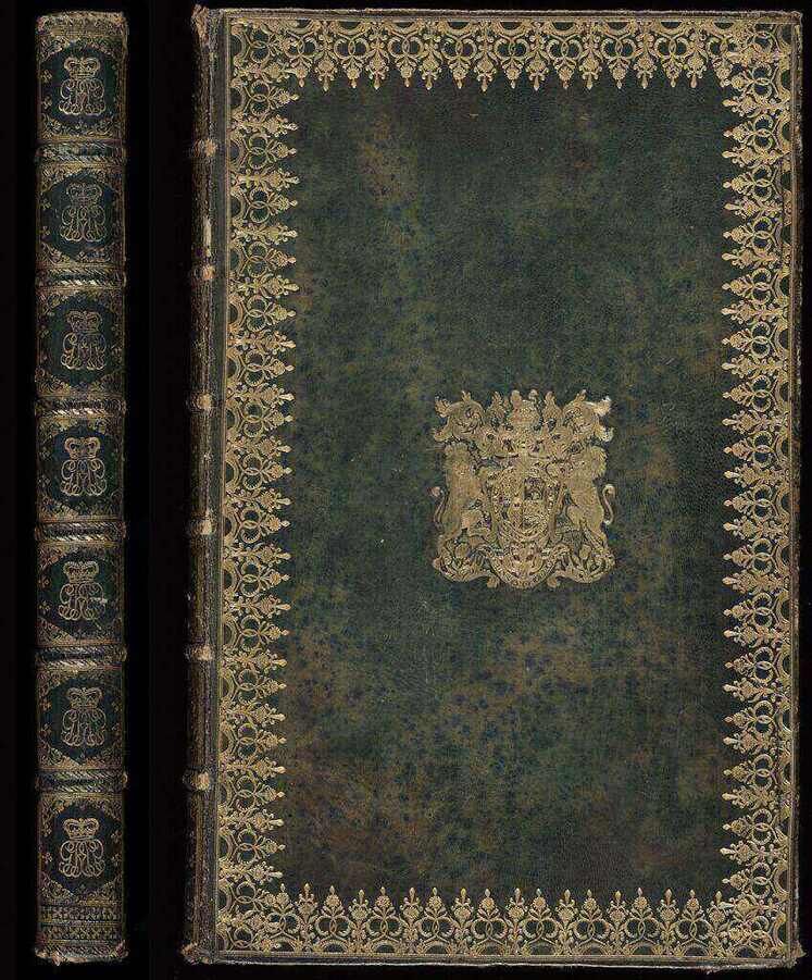Green calf armorial binding gilt with the royal arms of King George III, gilt-tooled border and ciphered spine