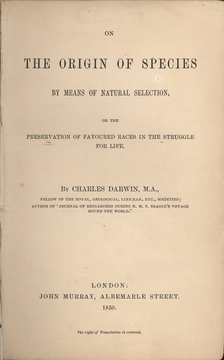 Title page of the 1859 John Murray first edition of On the Origin of Species, London, Albemarle Street