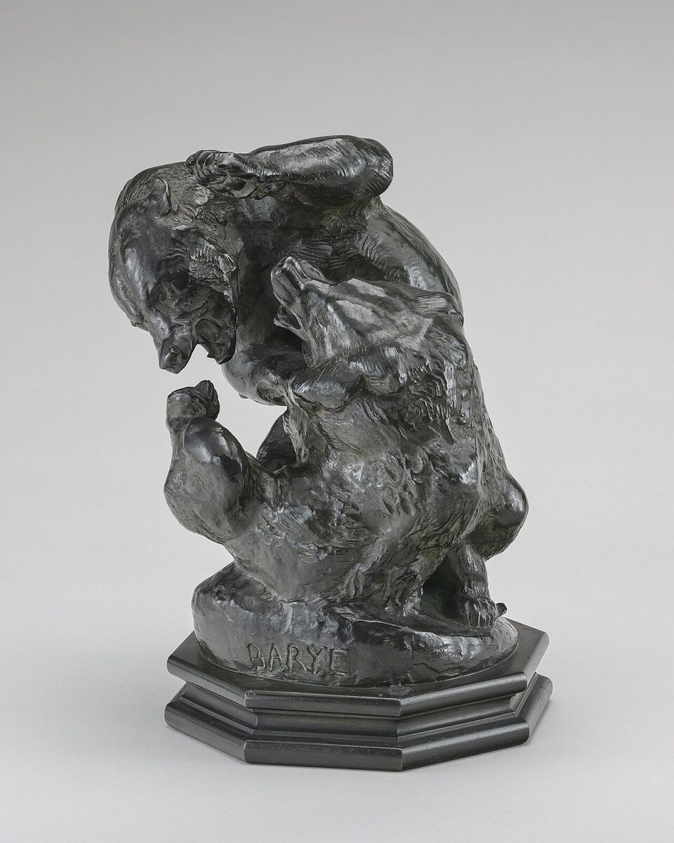 Barye bronze of two fighting bears with the sculptor's name cast on the octagonal base