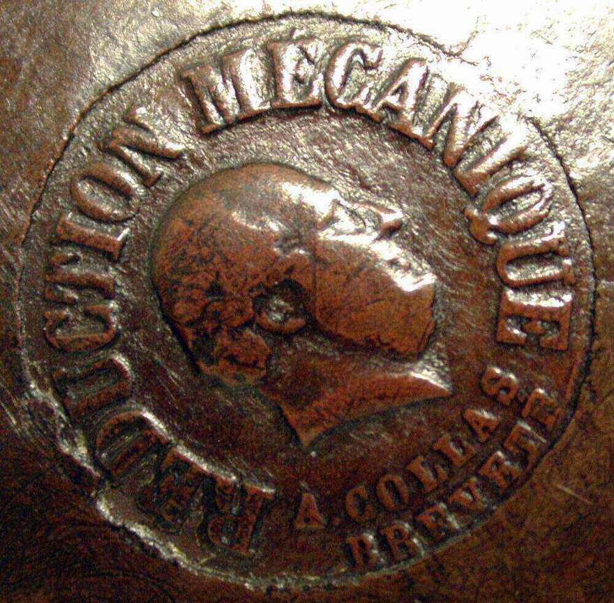 Circular A. Collas Reduction Mecanique Brevete stamp on a late-nineteenth-century bronze bust