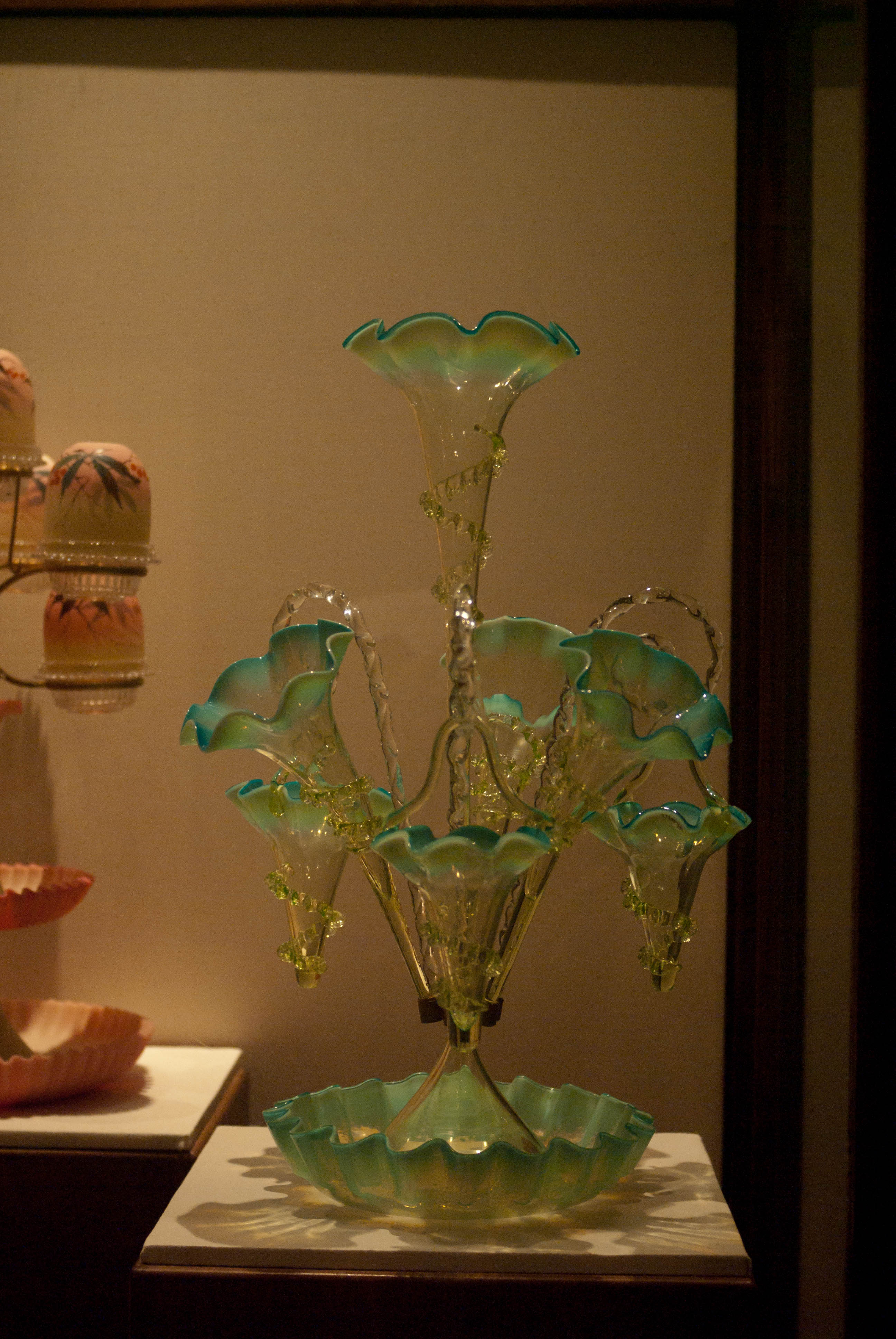 Geometric Art Deco glass vase with stepped silhouette and period colour