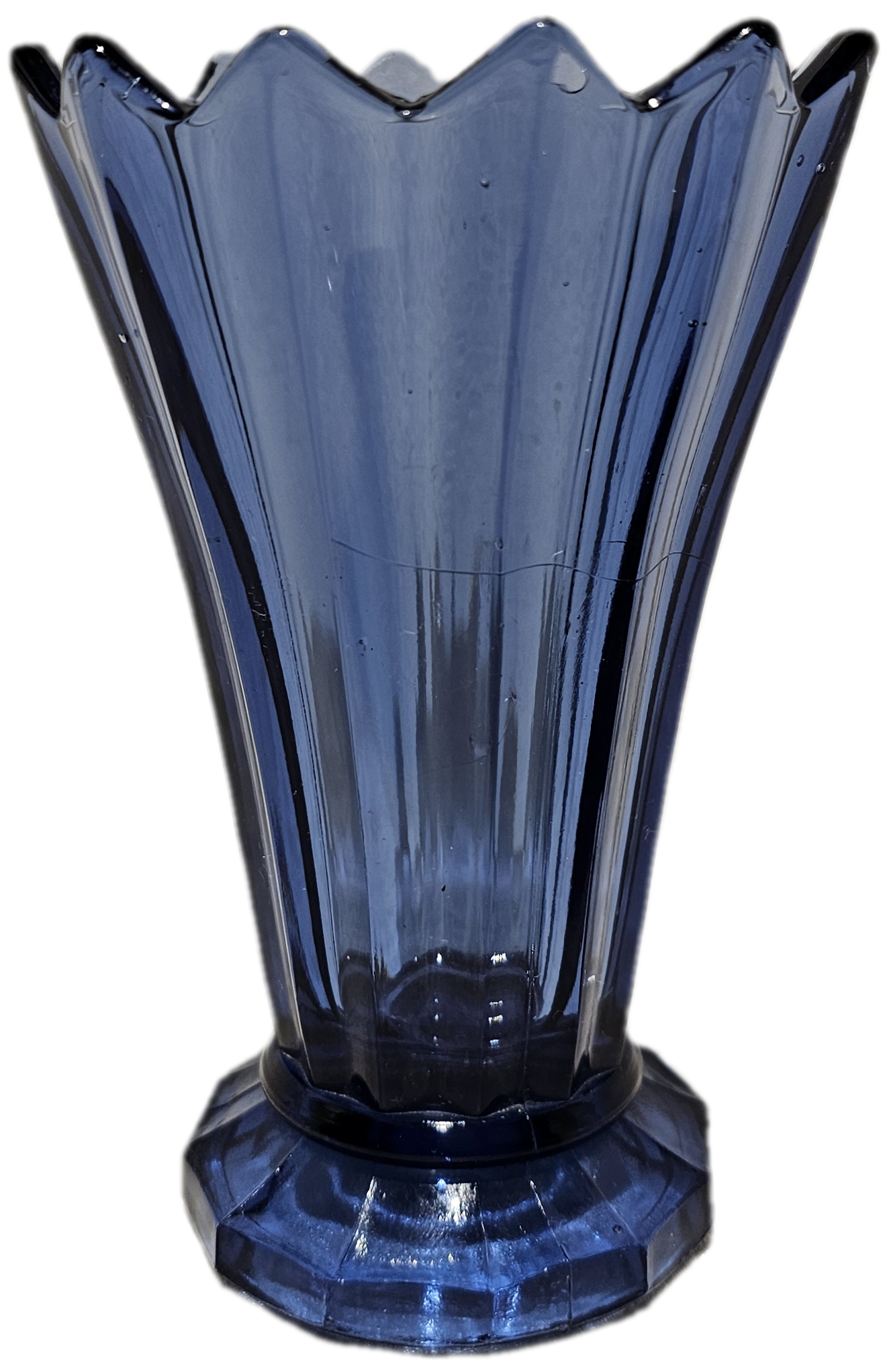 Pressed cobalt blue Art Deco glass vase from the 1930s