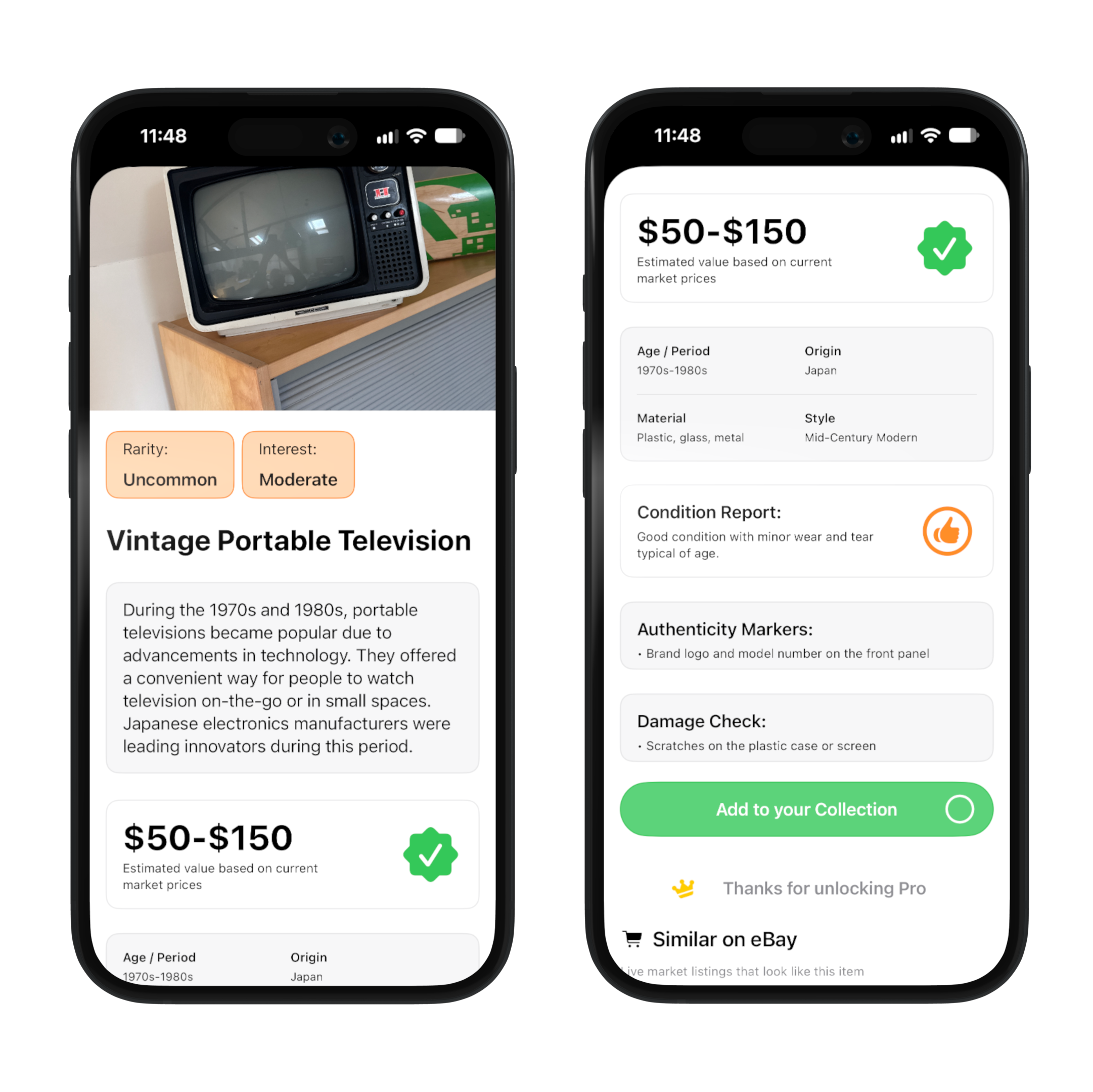 Antique ID app result showing estimated era and value range for a vintage chair